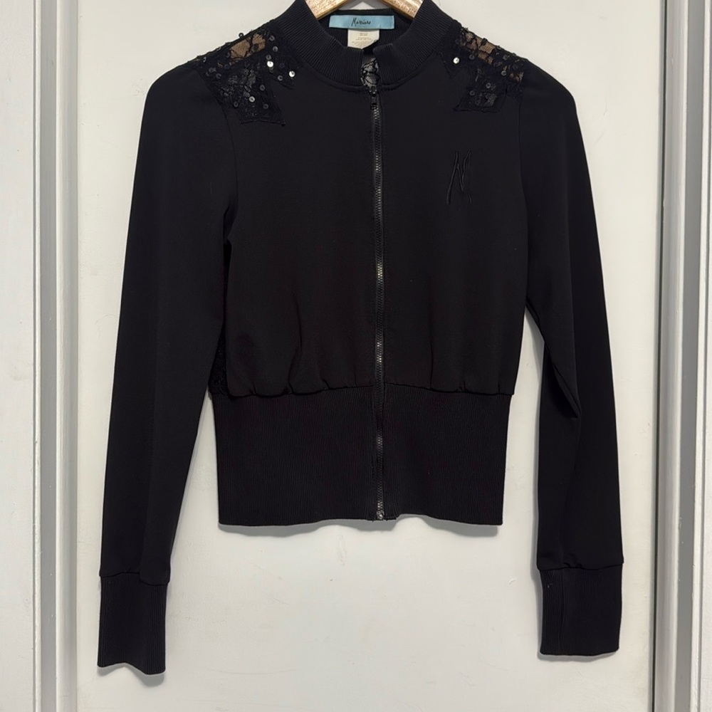 Marciano Black Long Sleeve Lace-Accent Zip Top